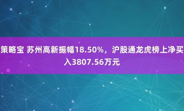 策略宝 苏州高新振幅18.50%，沪股通龙虎榜上净买入3807.56万元